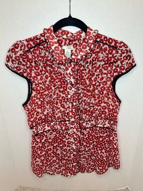 Odille Red Floral Cap Sleeve Blouse with Black Trim, size 4, 100% Silk pre loved